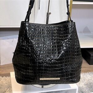 BRAHMIN Classic Croc Embossed Leather - All Black Leather Bucket Style Tote Bag!